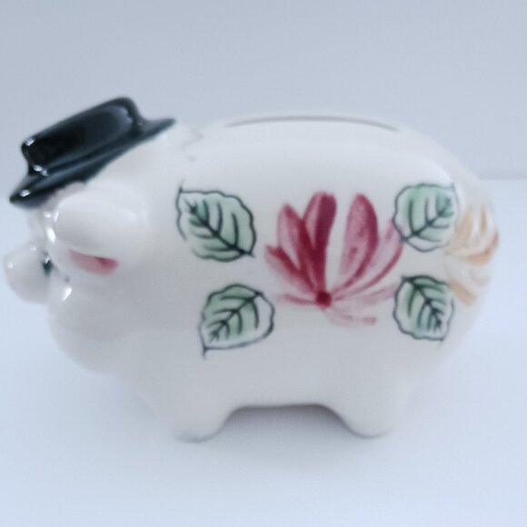 Vintage Hand Painted Ceramic Three Little Piggy Banks White w/Hat Flowers - Picture 2 of 4